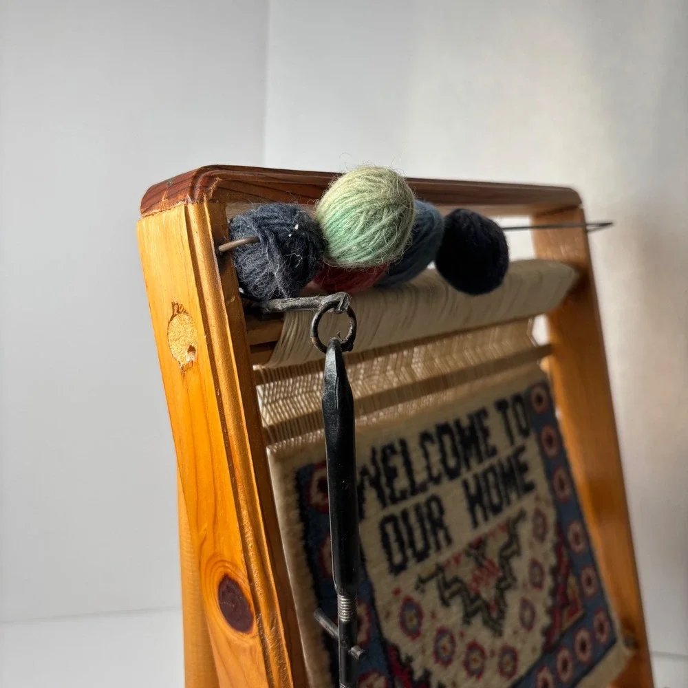 Miniature Welcome to Our Home‎ Tapestry Rug on Wooden Loom Display